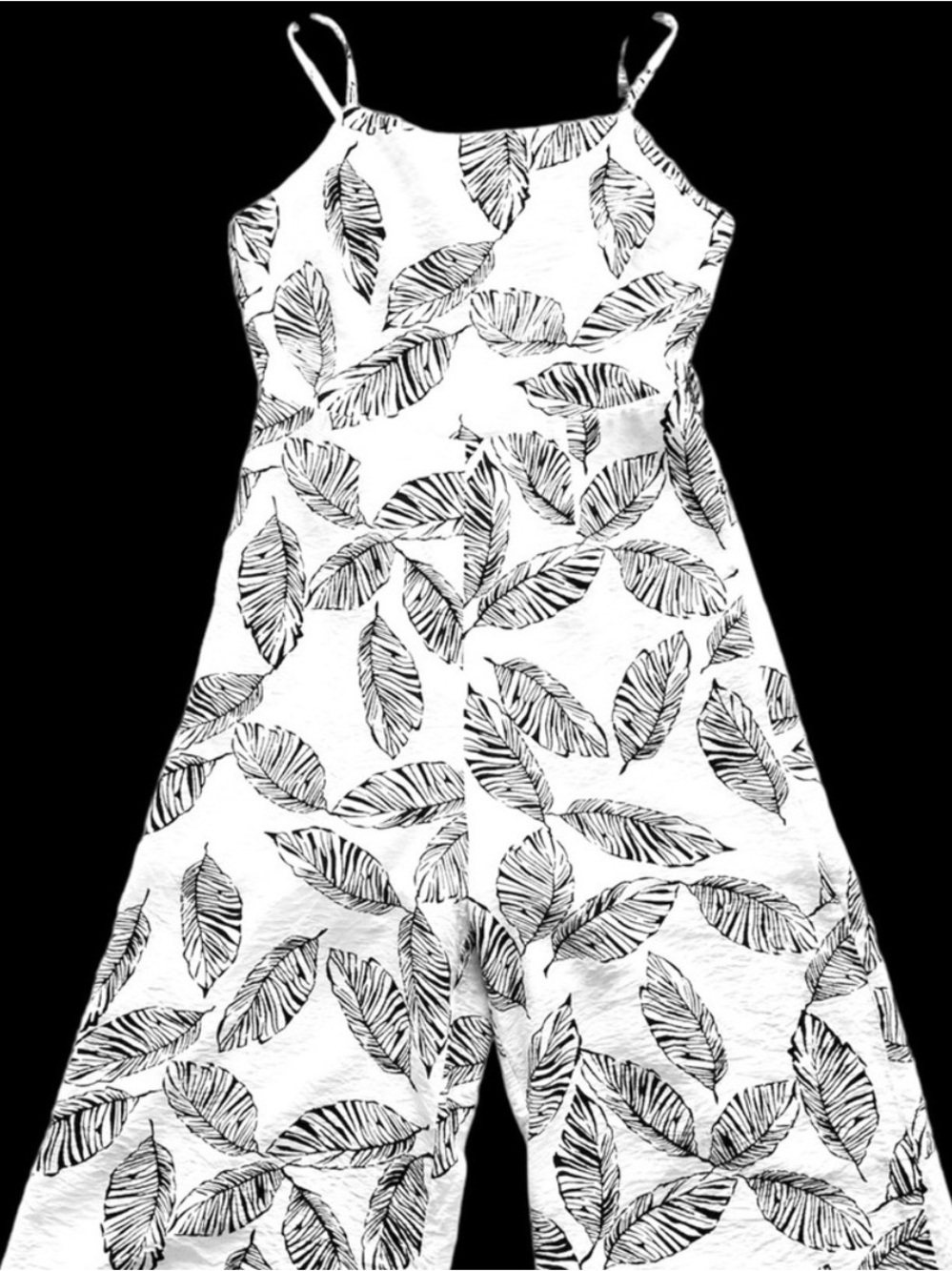 Jumpsuit Tropical Black White Strappy Wide Leg Linen Look Casual Summer Sz M/L